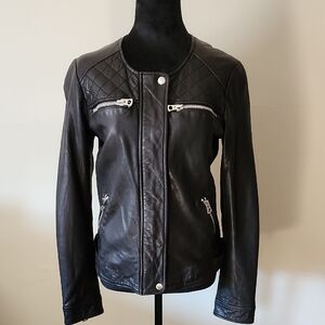 Lucky Brand Black Leather Moto Biker Jacket Quilted Shoulders Size Small